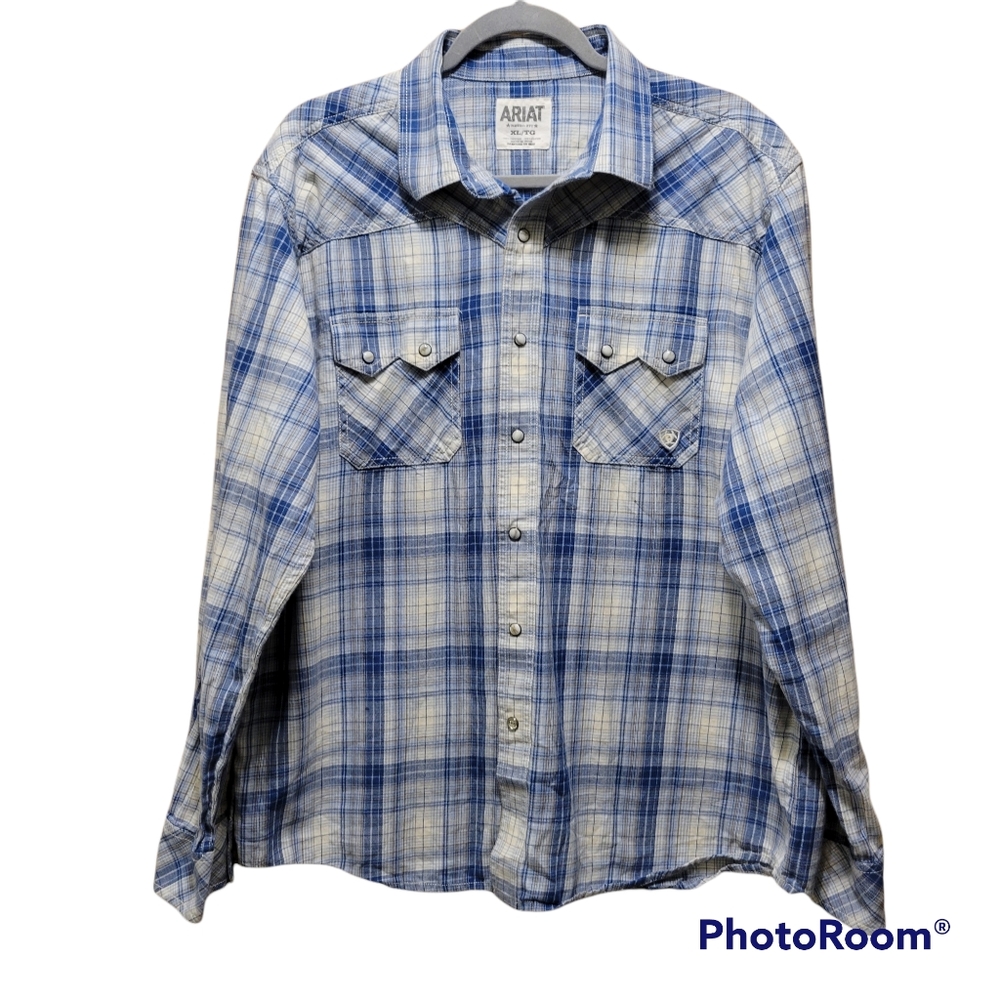 Ariat Blue and White Plaid Casual Button Down Shirt